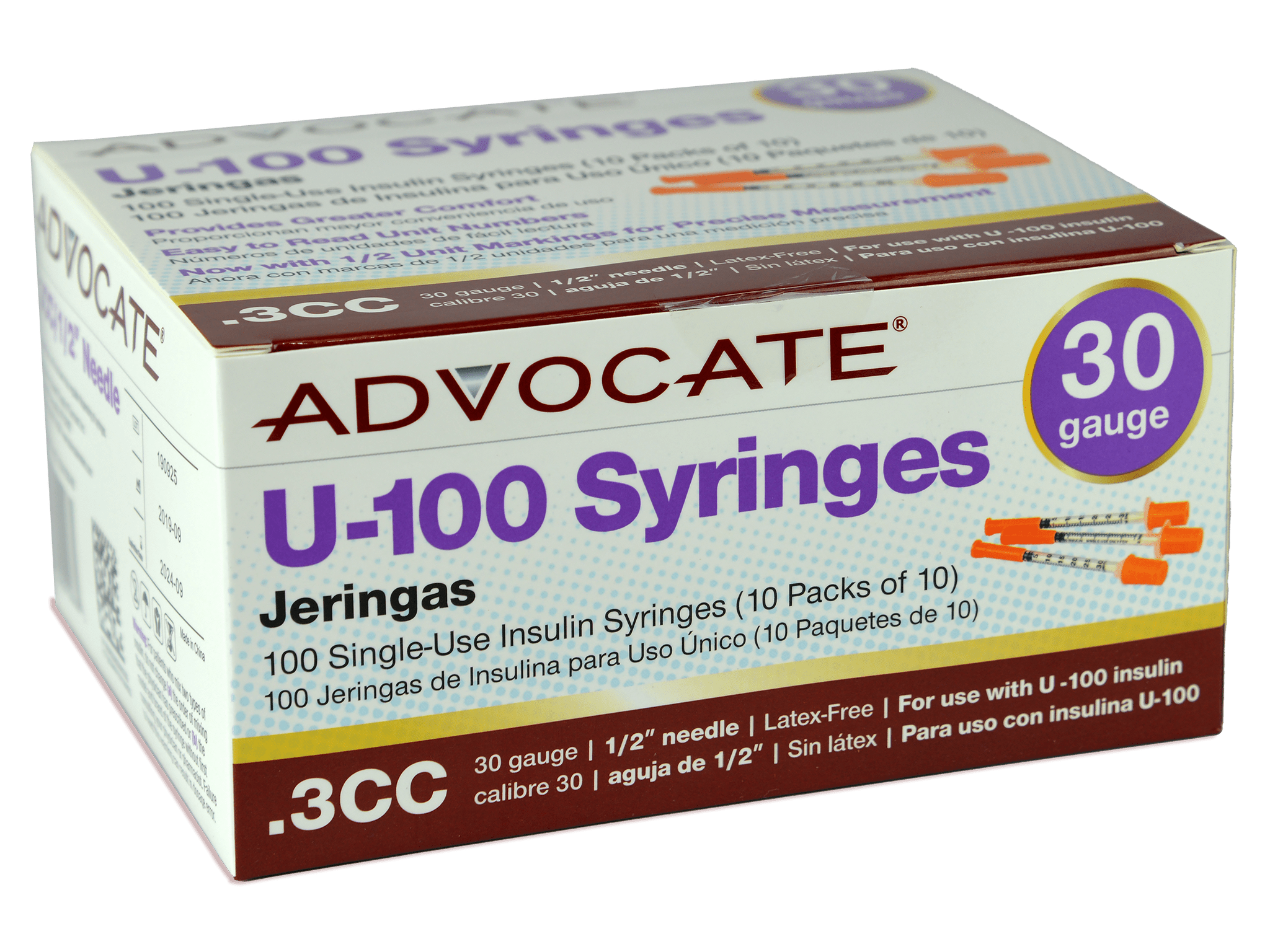 Advocate U-100 Insulin Syringes 30G .3CC 1/2" 100/BOX - STORE4DIABETICS