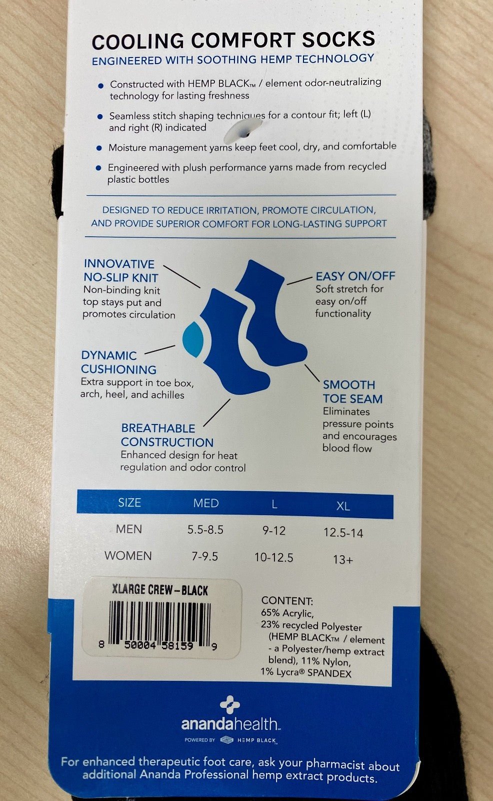 ANANDA HEALTH Cooling Comfort Socks XL Extra Large BLACK - Black - STORE4DIABETICS