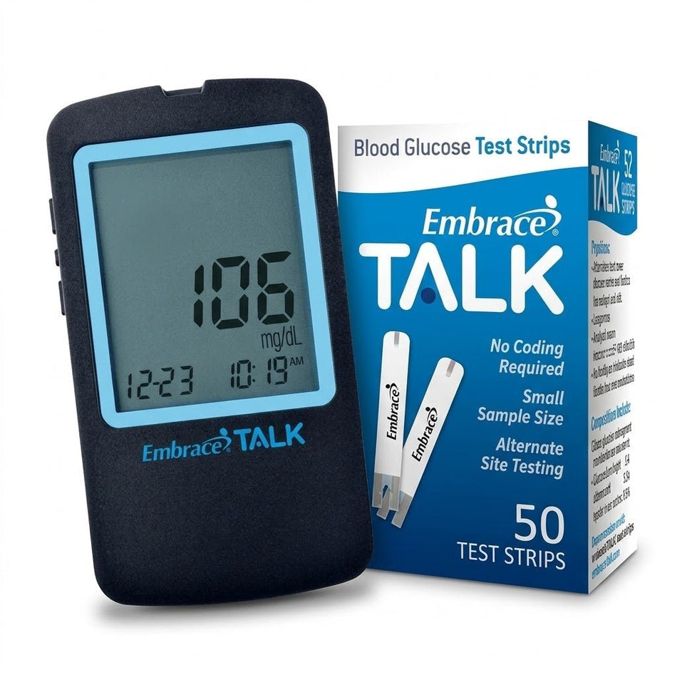 Embrace Talk™ 6-Month Supply: Talking Meter + 300 Test Strips - STORE4DIABETICS